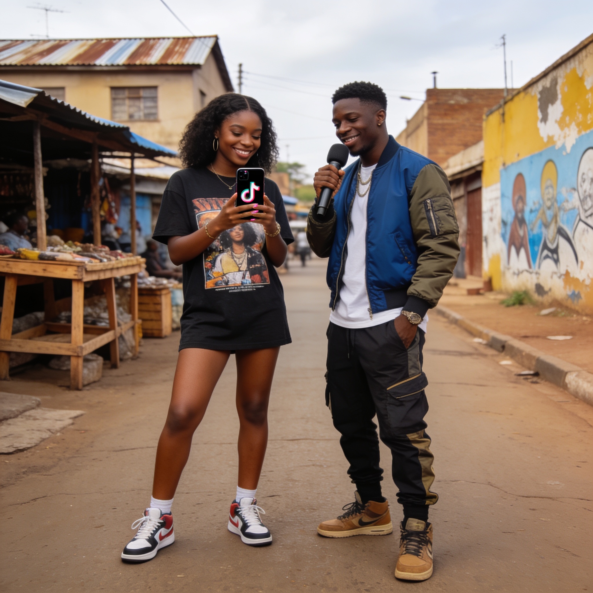 Create an editorial news illustration for an article about 'Bulawayo’s new wave: TikTok star Samantha Moyo and rapper Tojey Blox turn setbacks into momentum'. The specific country is Zimbabwe (ZW); make visual cues accurate to this exact country and