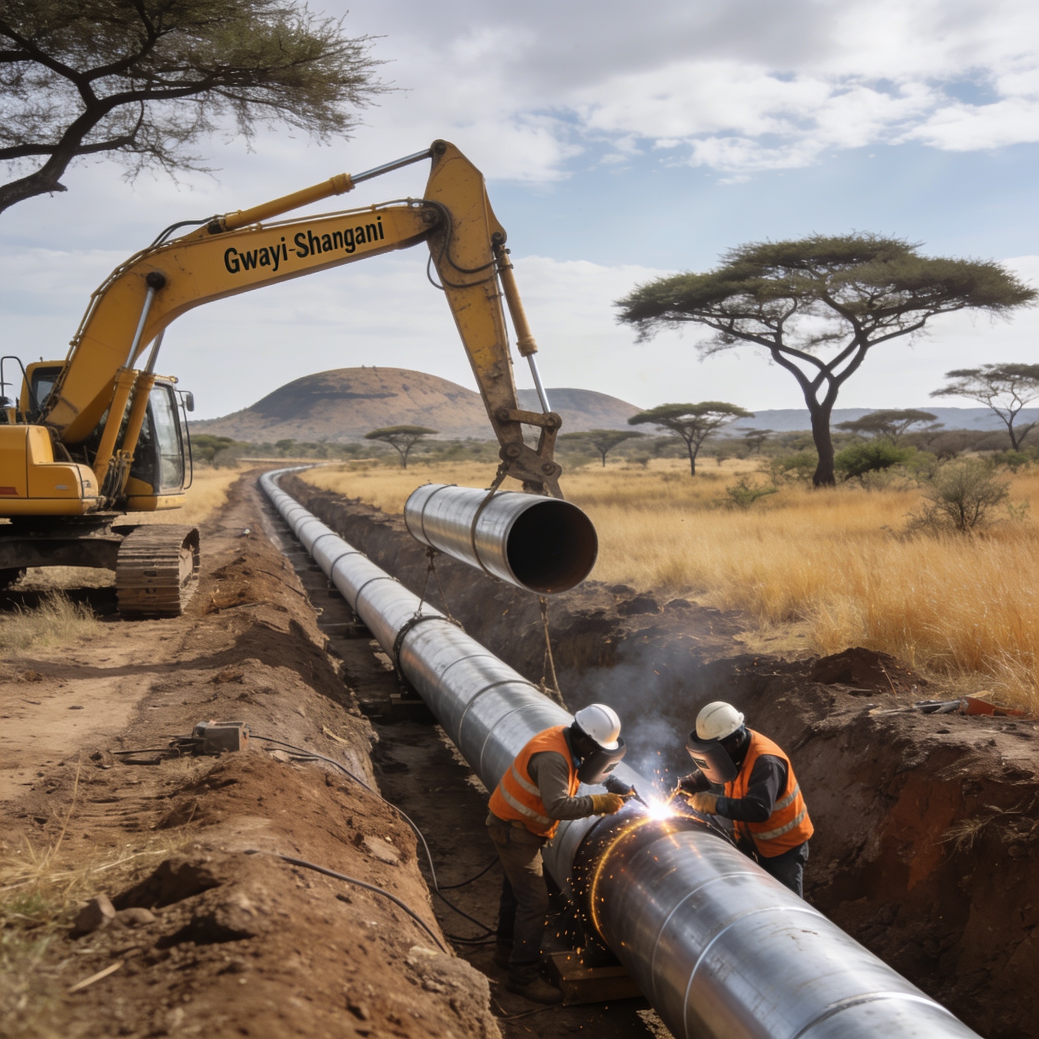 Create an editorial news illustration for an article about 'Gwayi-Shangani Pipeline Could Take 217 Years to Finish, Coltart Warns'. The specific country is Zimbabwe (ZW); make visual cues accurate to this exact country and avoid flags or symbols of s