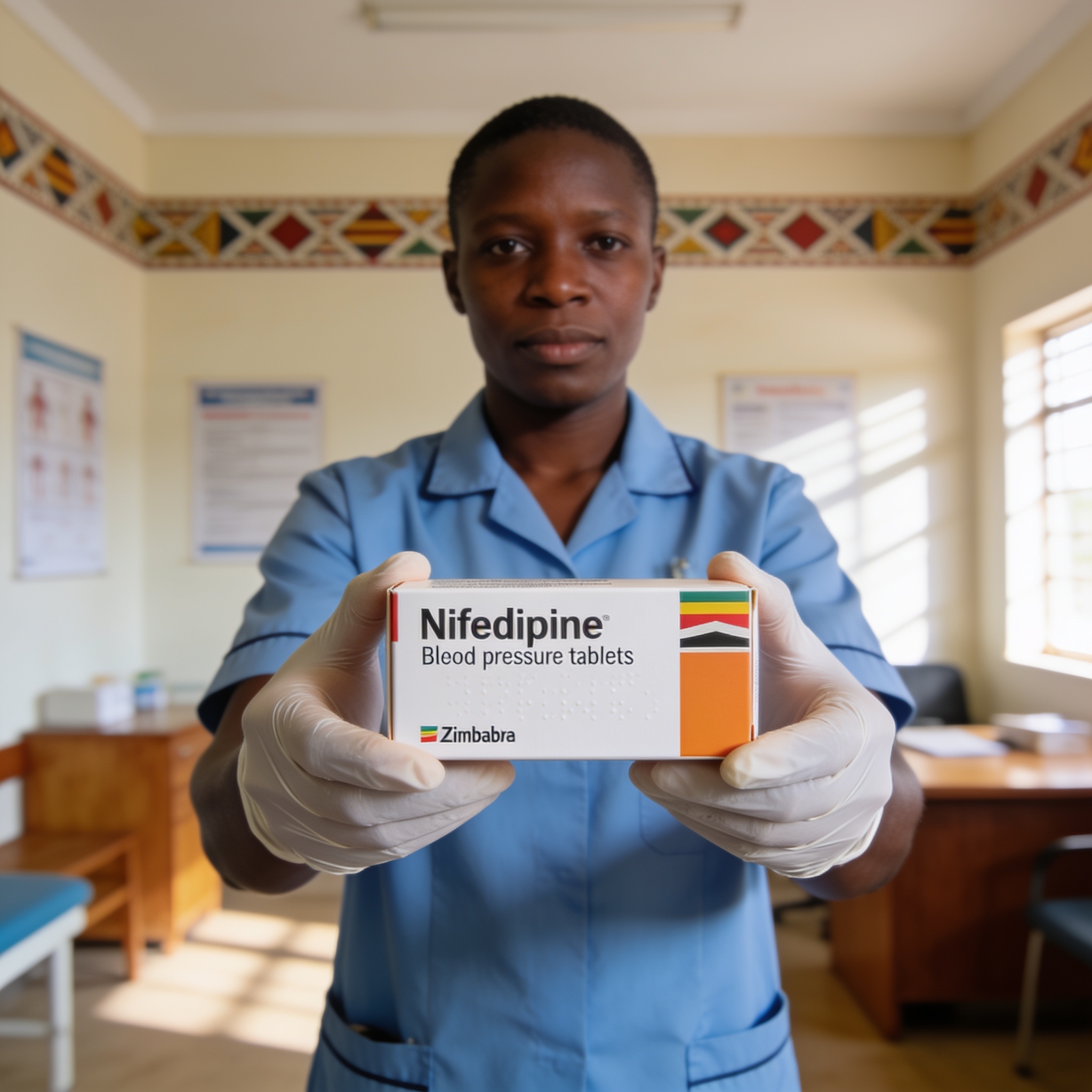 Create an editorial news illustration for an article about 'Health Ministry Recalls Nifedipine Blood Pressure Tablets Over Quality Concerns'. The specific country is Zimbabwe (ZW); make visual cues accurate to this exact country and avoid flags or sy