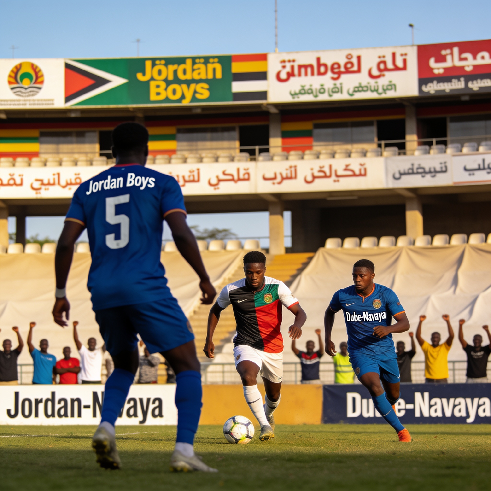Create an editorial news illustration for an article about 'Jordan Boys Unfazed by Dube-Navaya Threat in Premier League Showdown'. The specific country is Zimbabwe (ZW); make visual cues accurate to this exact country and avoid flags or symbols of si