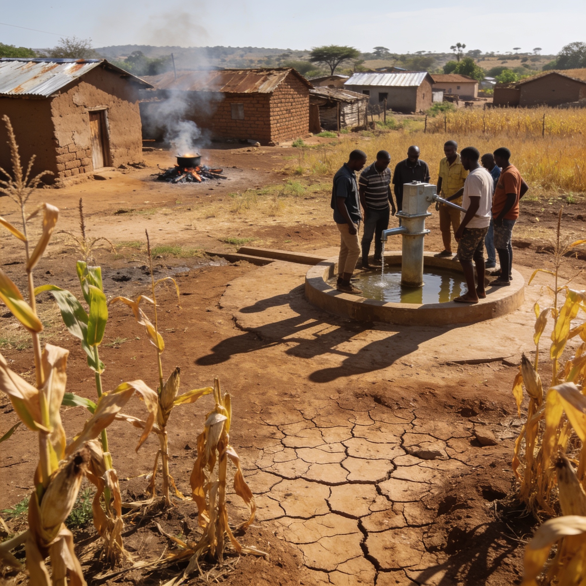 Create an editorial news illustration for an article about 'MSD Issues Warning: Hotter, Drier 2026/27 Summer Season Ahead for Zimbabwe'. The specific country is Zimbabwe (ZW); make visual cues accurate to this exact country and avoid flags or symbols