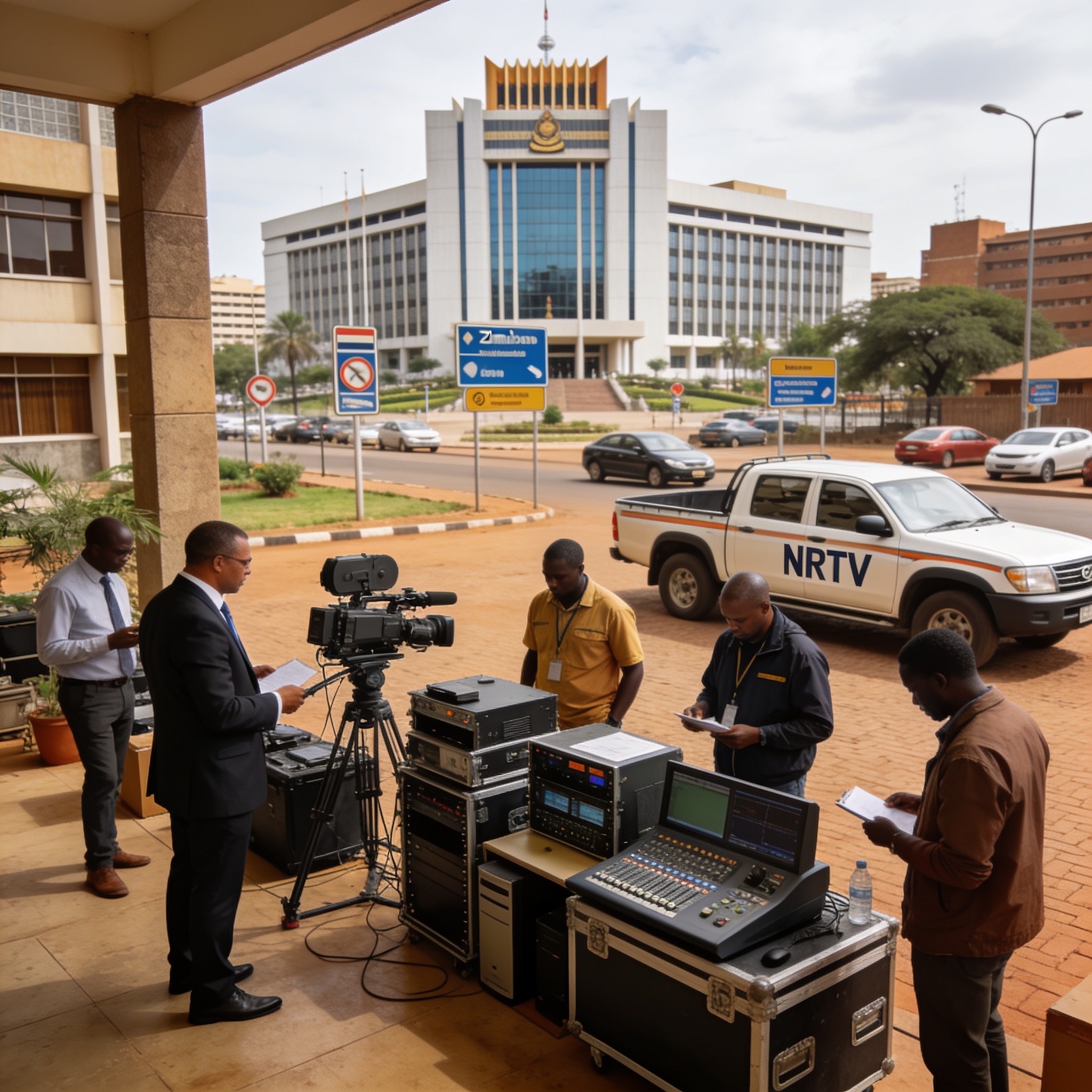 Create an editorial news illustration for an article about 'NRTV Assets to Be Auctioned Over Unpaid Salaries'. The specific country is Zimbabwe (ZW); make visual cues accurate to this exact country and avoid flags or symbols of similar countries. Do