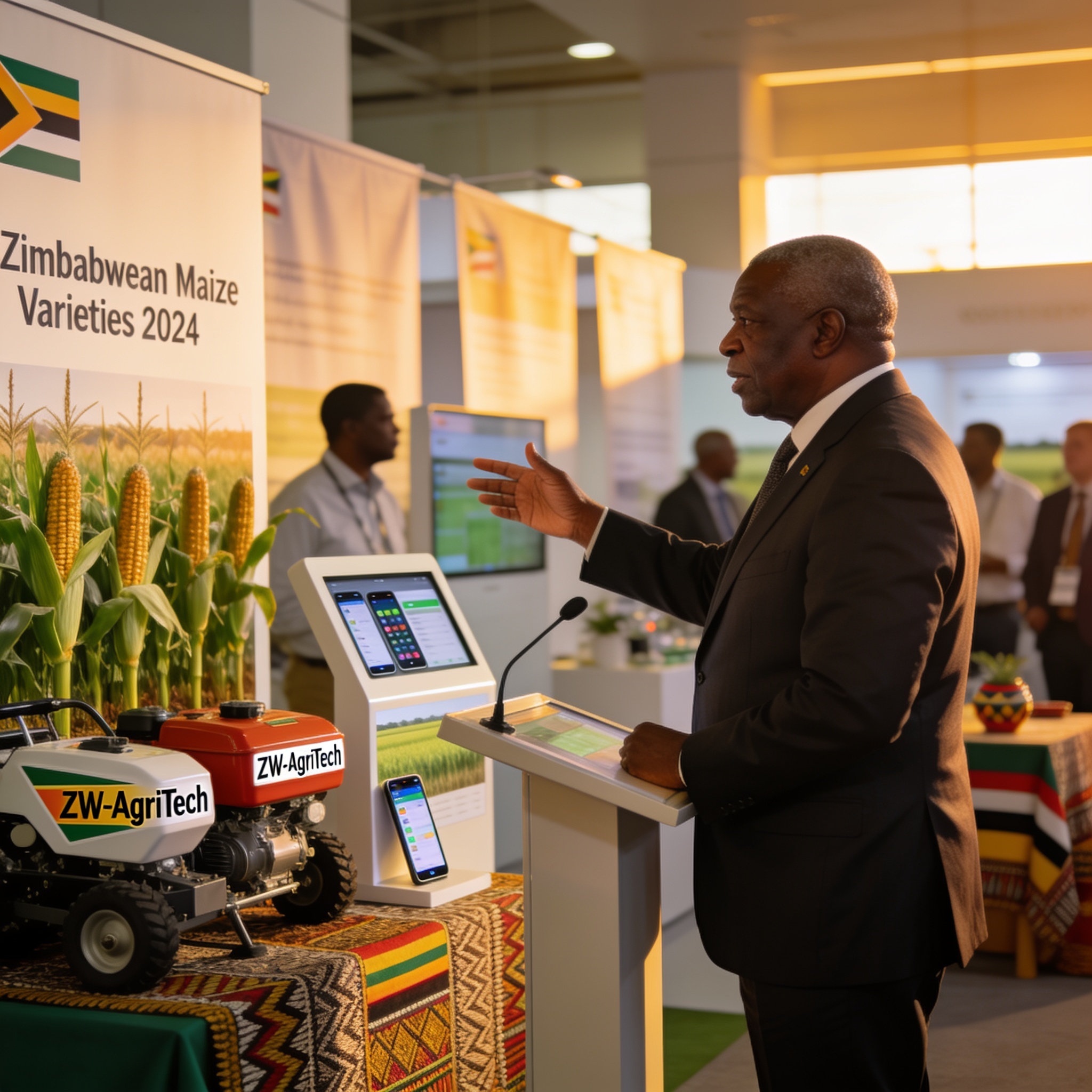 Create an editorial news illustration for an article about 'President Mnangagwa praises Zimbabwe Agricultural Show growth and innovation'. The specific country is Zimbabwe (ZW); make visual cues accurate to this exact country and avoid flags or symbo