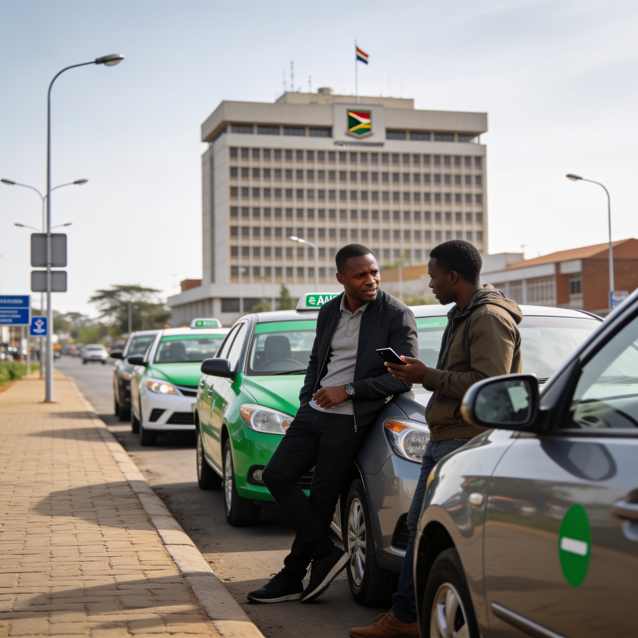 Create an editorial news illustration for an article about 'Zimbabwe Approves Five-Month E-Hailing Moratorium to Fix Regulatory Gaps'. The specific country is Zimbabwe (ZW); make visual cues accurate to this exact country and avoid flags or symbols o