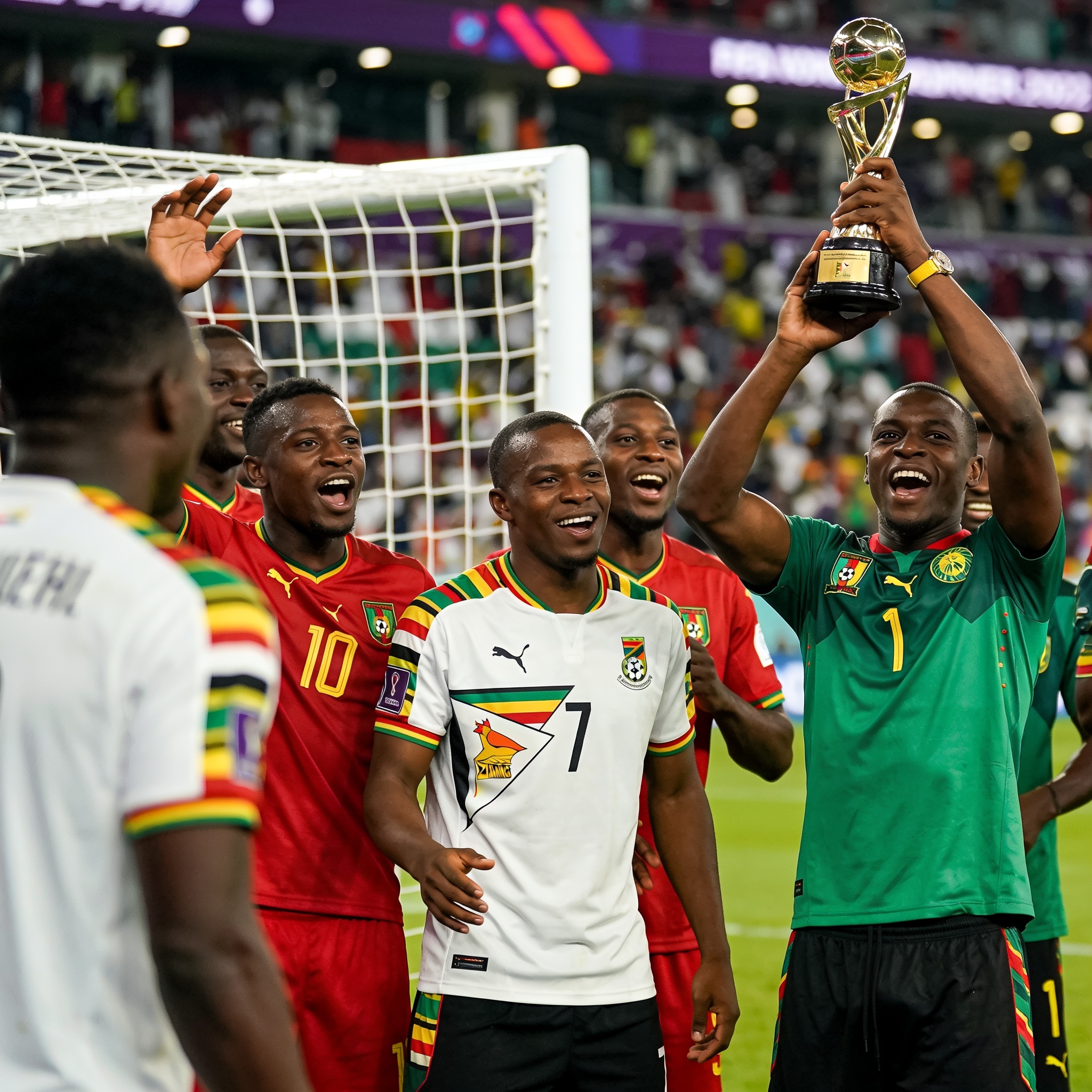Create an editorial news illustration for an article about 'Zimbabwe Crowned Cossasa Champions After Crushing Lesotho in Final'. The specific country is Zimbabwe (ZW); make visual cues accurate to this exact country and avoid flags or symbols of simi