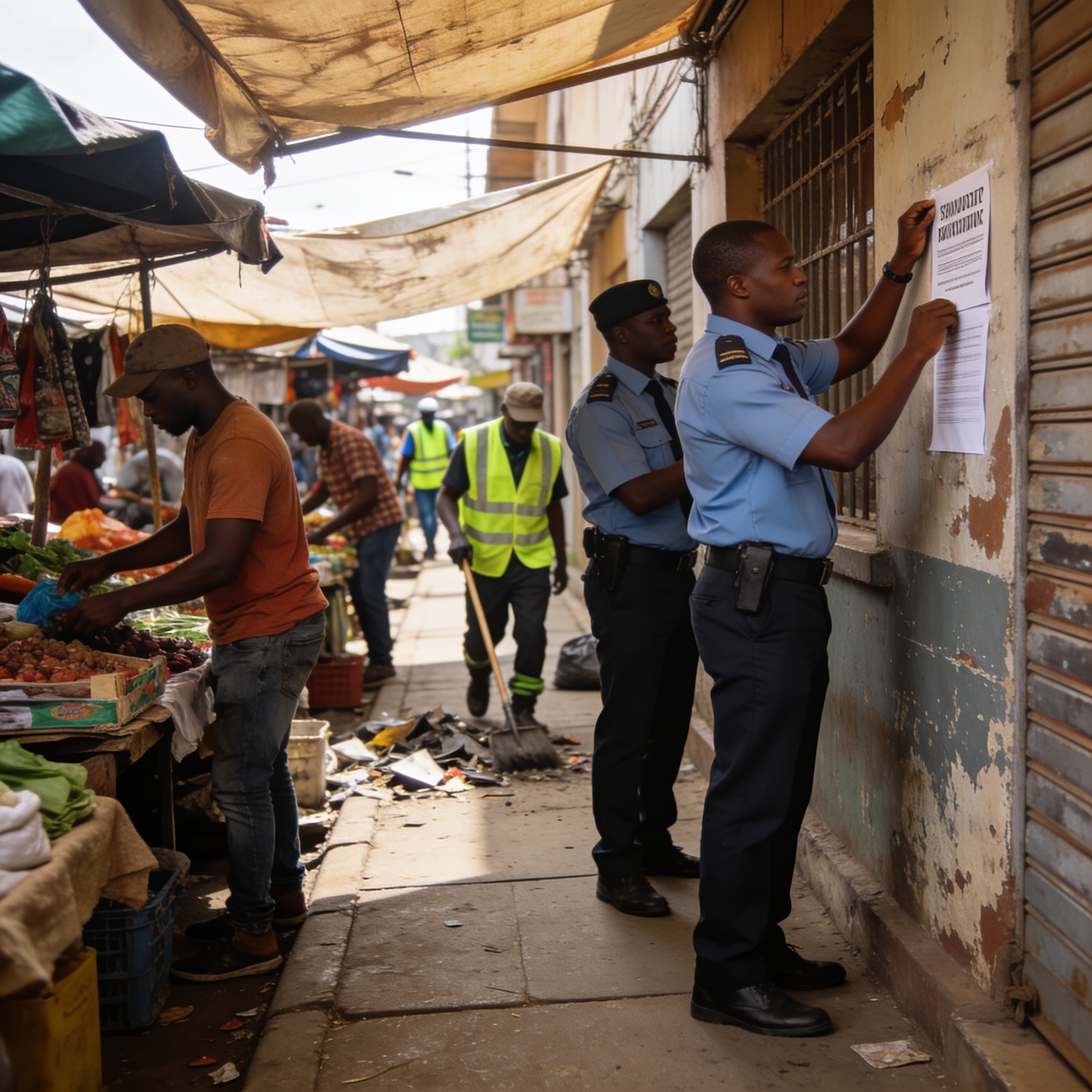 Create an editorial news illustration for an article about 'Zimbabwe Govt Announces Sweeping Clean-Up: New Vending Hours, Property Abatement Orders'. The specific country is Zimbabwe (ZW); make visual cues accurate to this exact country and avoid fla