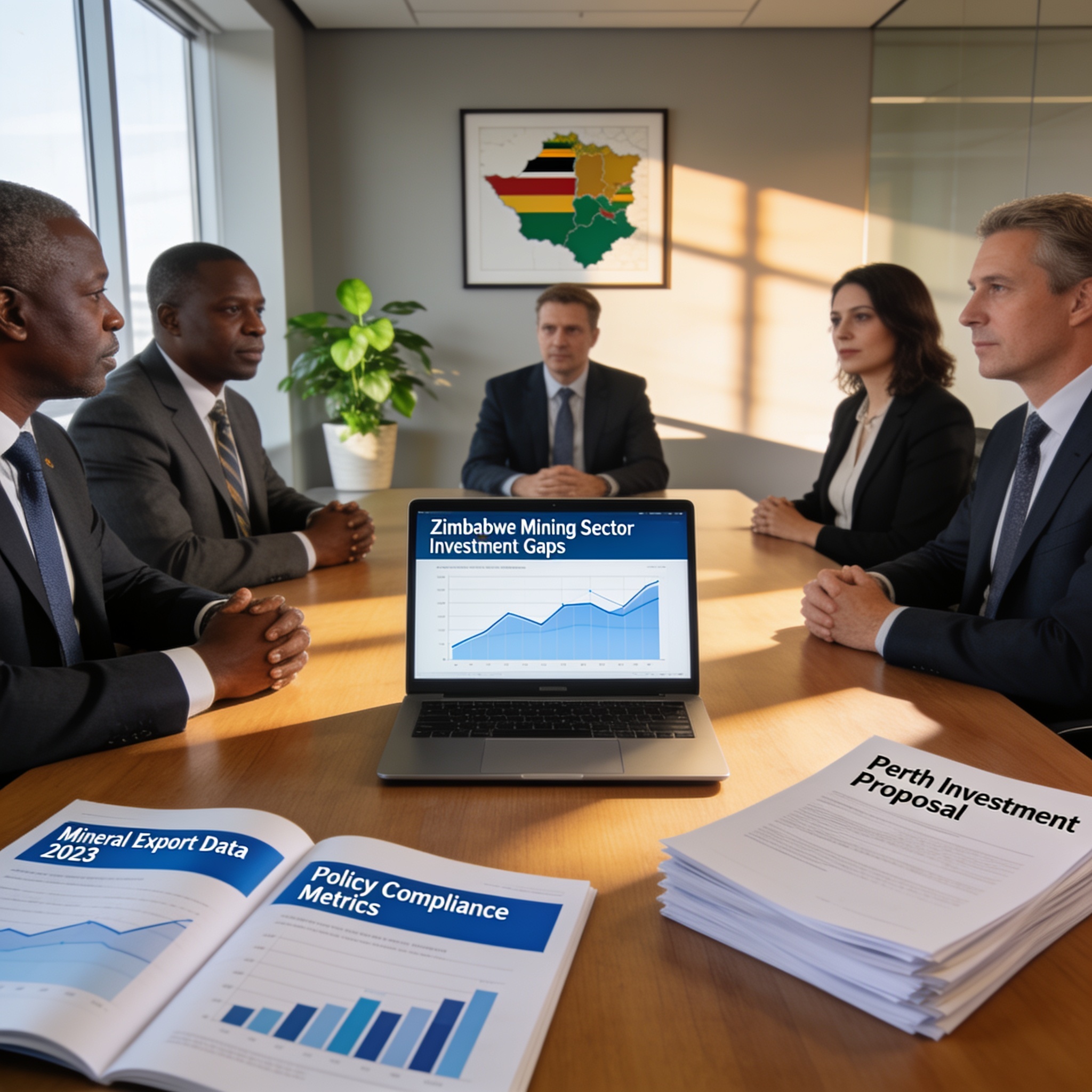 Create an editorial news illustration for an article about 'Zimbabwe’s Mineral Export Ban Faces Reality Check as Perth Investment Pitch Highlights Policy Gaps'. The specific country is Zimbabwe (ZW); make visual cues accurate to this exact country an