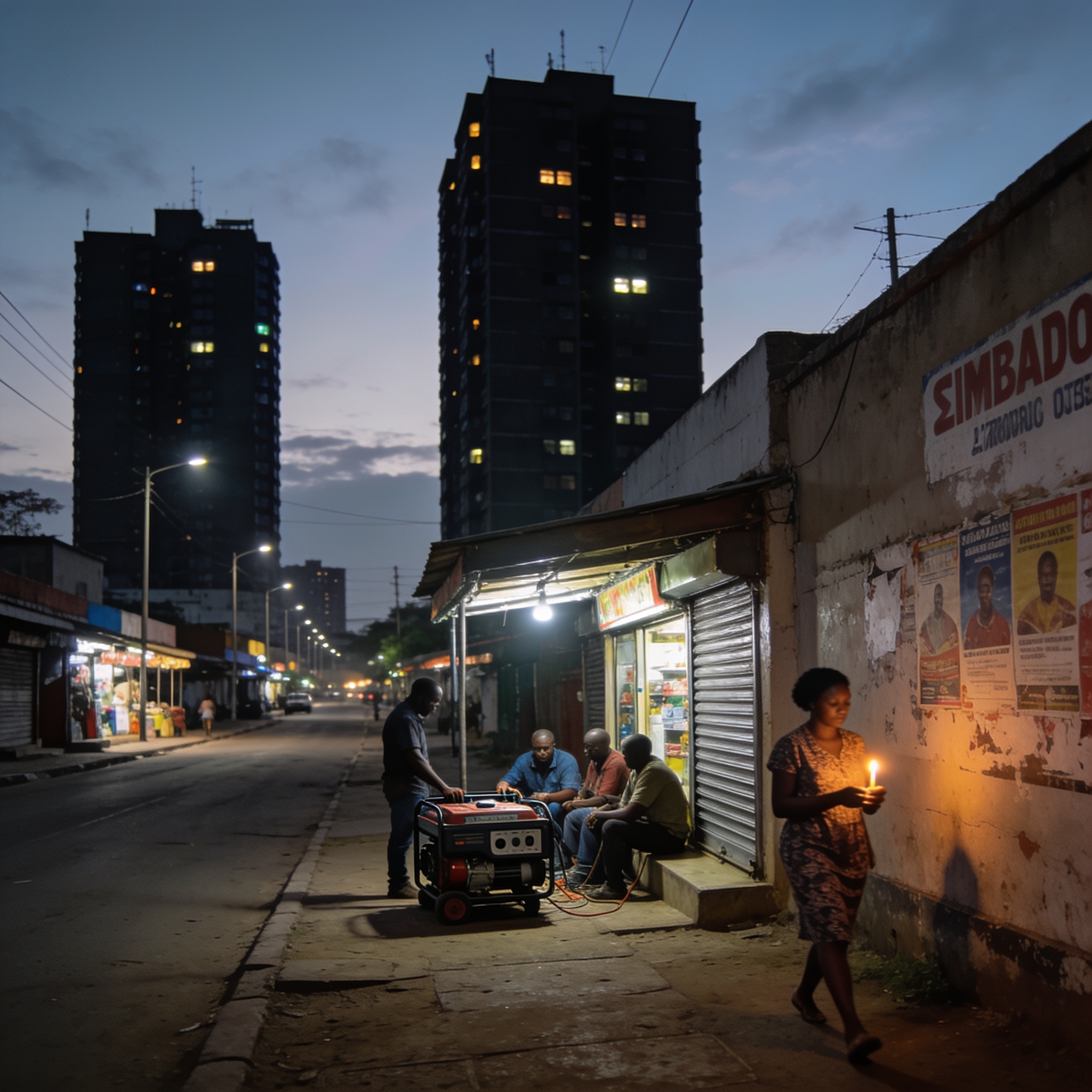 Create an editorial news illustration for an article about "Zimbabwe's Power Cuts Eating 6.1% of GDP Annually, World Bank Warns". The specific country is Zimbabwe (ZW); make visual cues accurate to this exact country and avoid flags or symbols of sim